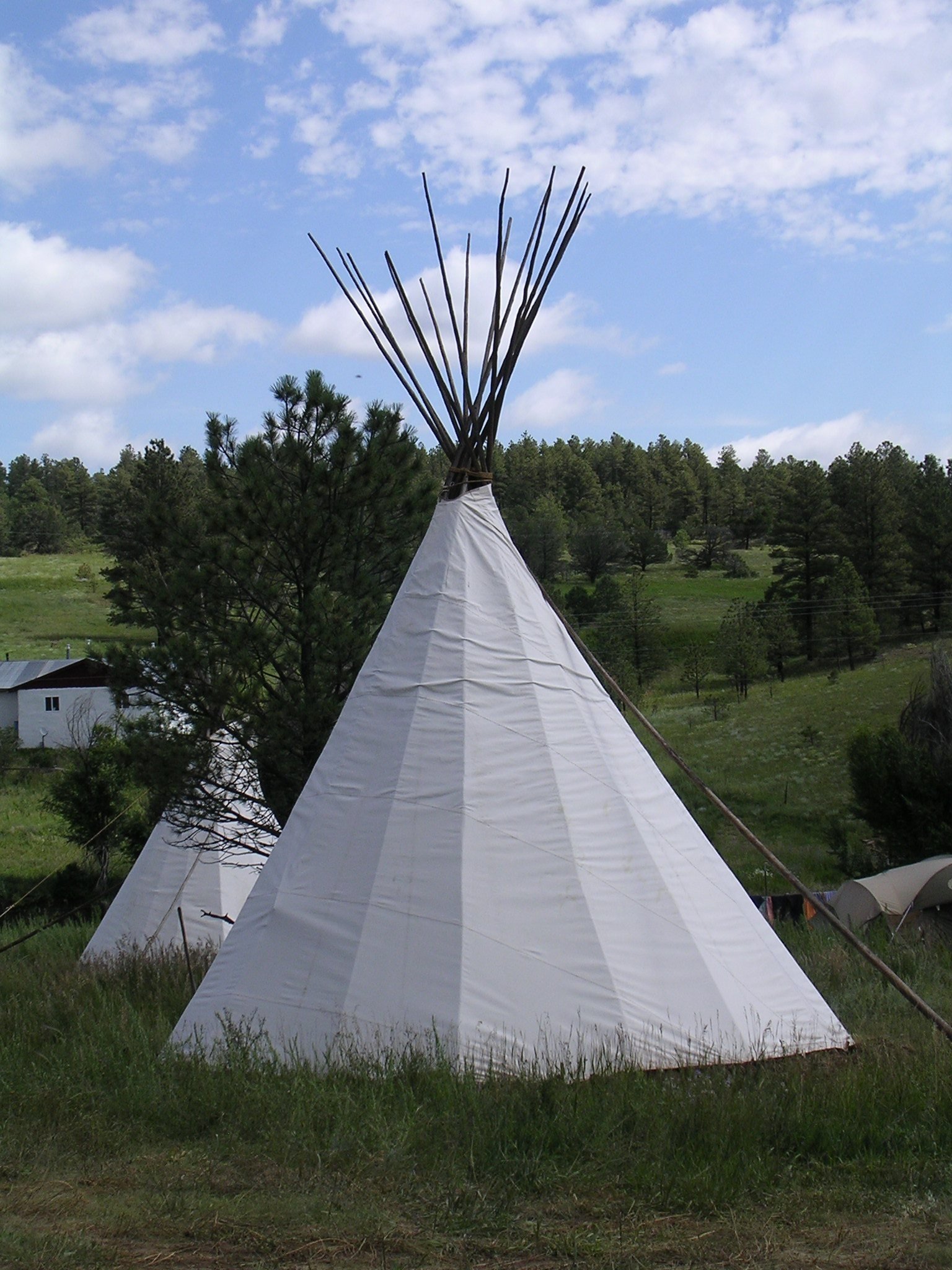 Tipis at a wooded ceremonial ground beneath a blue sky.